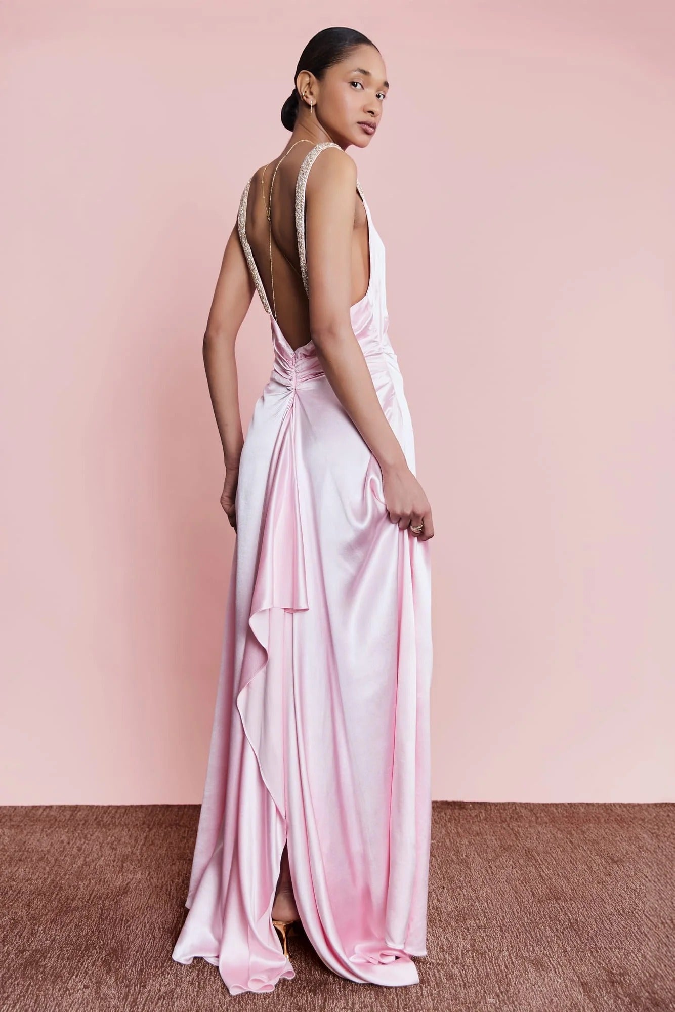Blush Pink Satin Sheath Square Neck Crystal Beaded Strap Open Back Floor Length Formal Evening Prom Dress