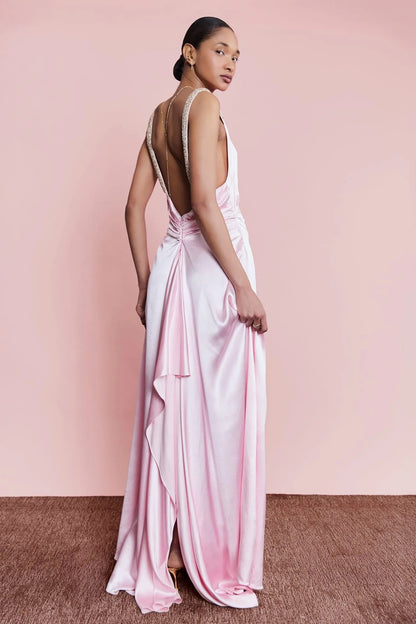 Blush Pink Satin Sheath Square Neck Crystal Beaded Strap Open Back Floor Length Formal Evening Prom Dress