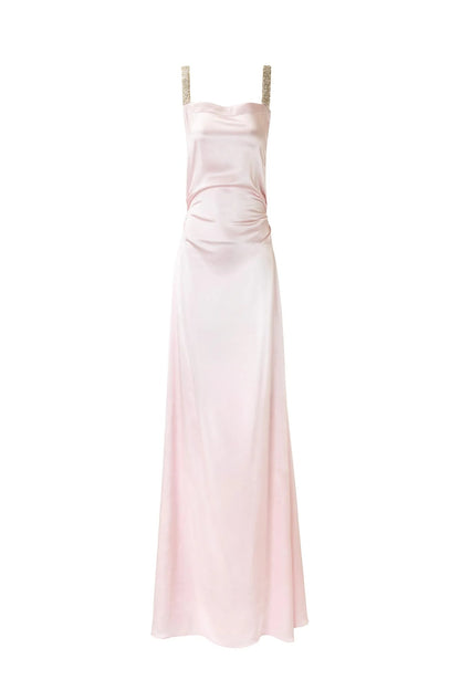 Blush Pink Satin Sheath Square Neck Crystal Beaded Strap Open Back Floor Length Formal Evening Prom Dress