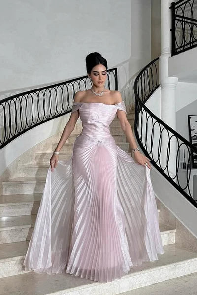 Blush Pink Shiny Satin Prom Dresses with Off Shoulder Ruched Bodice Rhinestone Waist and Pleated Maxi Skirt