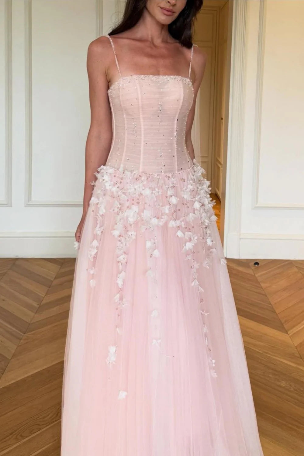 Blush Pink Spaghetti Strap Corset Bodice 3D Floral Tulle Long Prom Dress