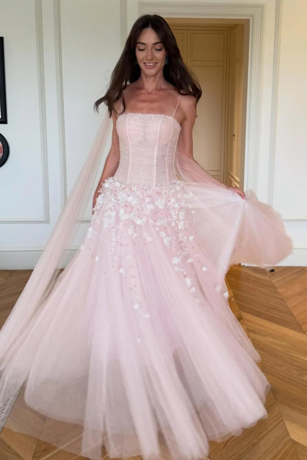 Blush Pink Spaghetti Strap Corset Bodice 3D Floral Tulle Long Prom Dress