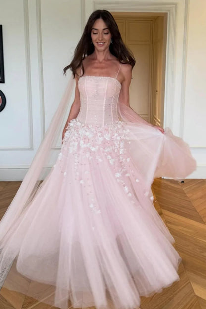 Blush Pink Spaghetti Strap Corset Bodice 3D Floral Tulle Long Prom Dress