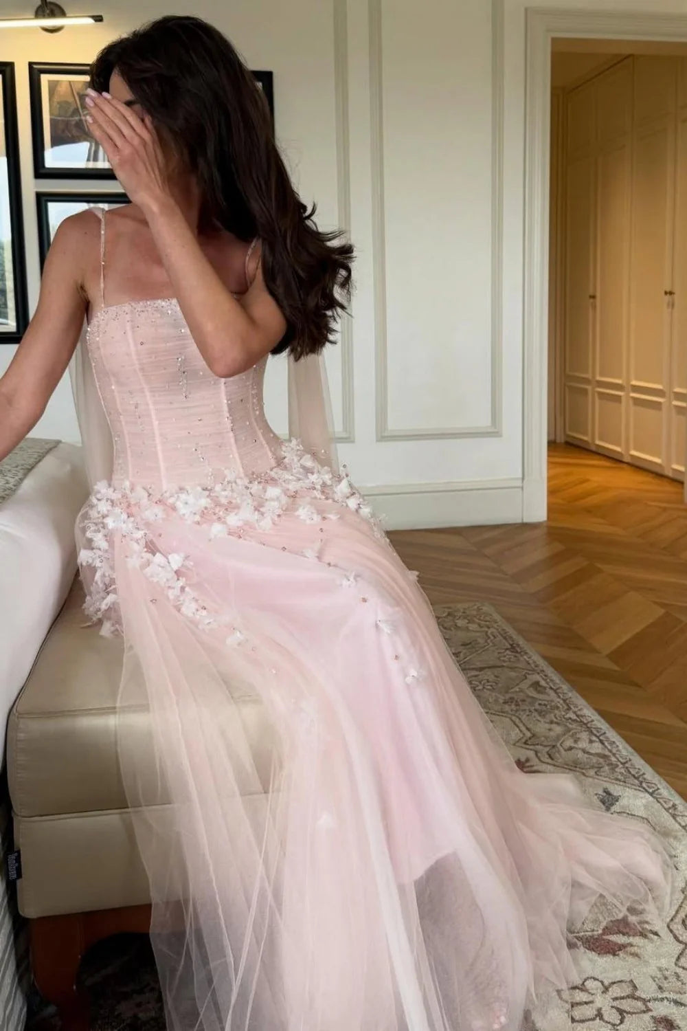 Blush Pink Spaghetti Strap Corset Bodice 3D Floral Tulle Long Prom Dress