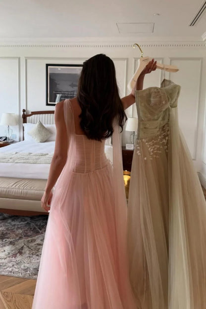 Blush Pink Spaghetti Strap Corset Bodice 3D Floral Tulle Long Prom Dress