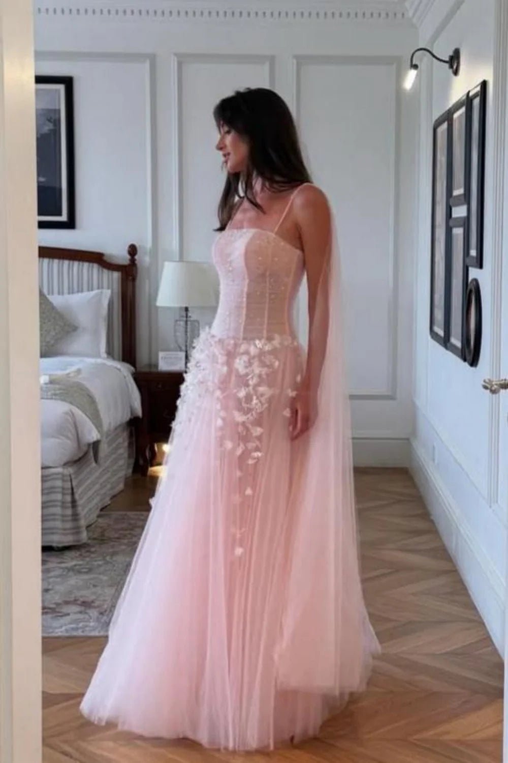 Blush Pink Spaghetti Strap Corset Bodice 3D Floral Tulle Long Prom Dress