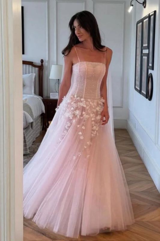Blush Pink Spaghetti Strap Corset Bodice 3D Floral Tulle Long Prom Dress