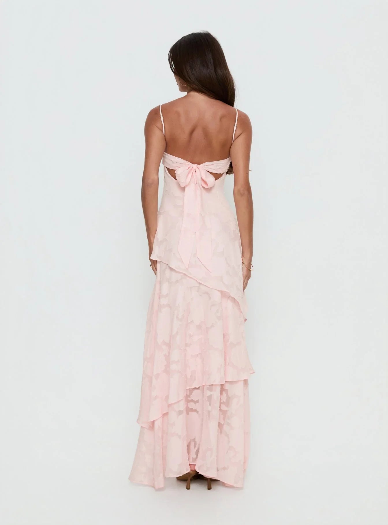 Blush Pink Spaghetti Strap Prom Dress with Floral Textured Fabric and Tiered Skirt for Formal Events and Prom Nights