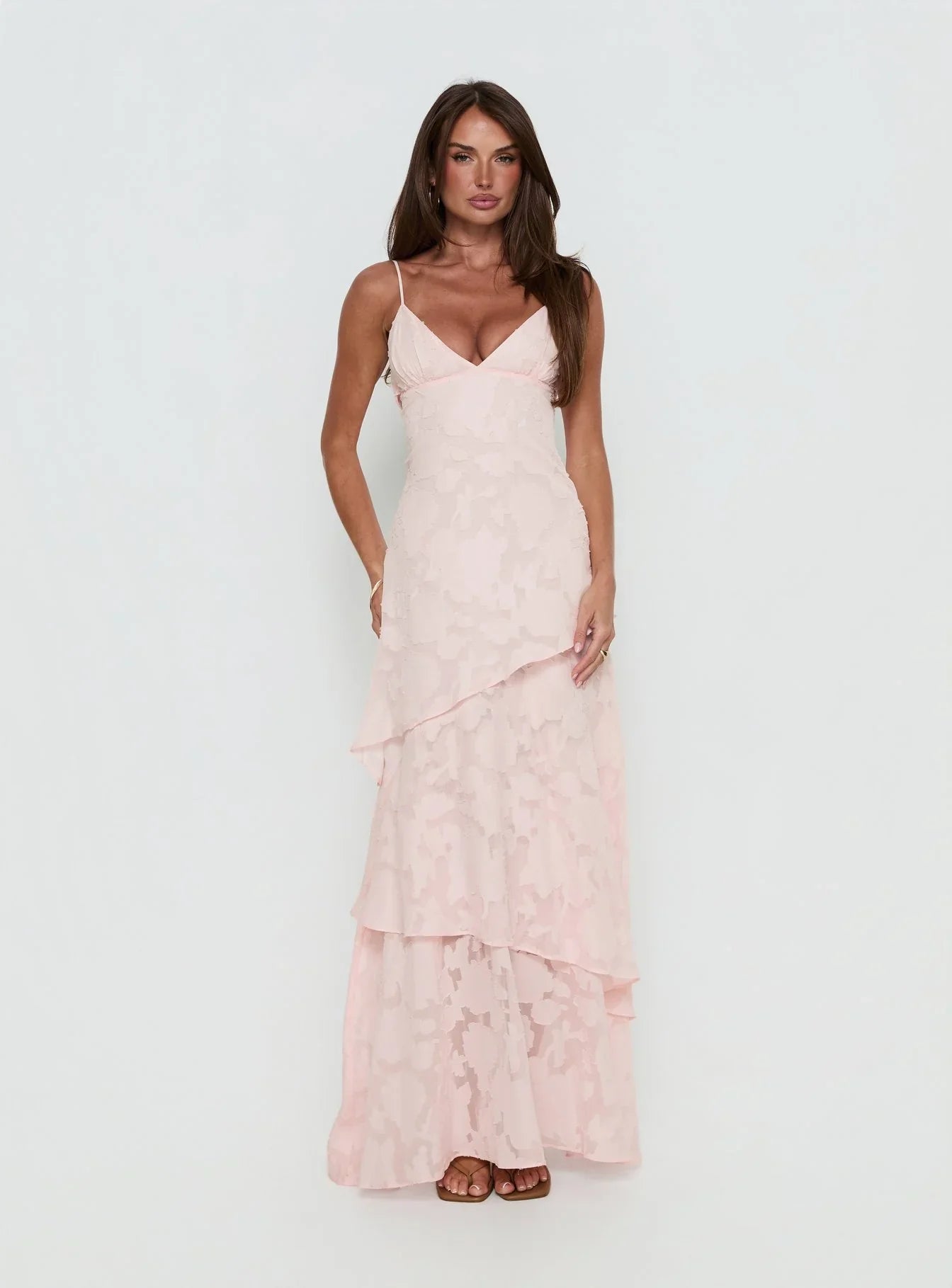 Blush Pink Spaghetti Strap Prom Dress with Floral Textured Fabric and Tiered Skirt for Formal Events and Prom Nights