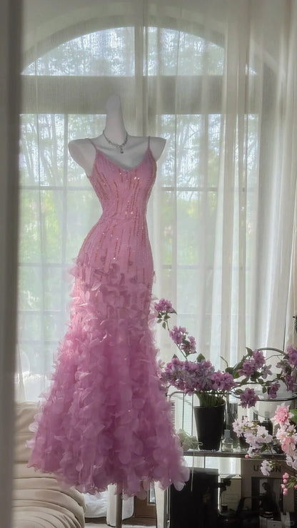Blush Pink Spaghetti Strap Prom Dress With Beaded Bodice And Layered Petal Ruffle Mermaid Formal Prom Dress