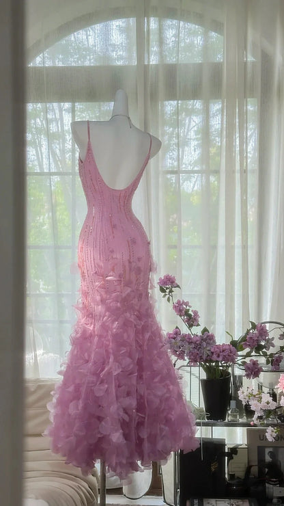 Blush Pink Spaghetti Strap Prom Dress With Beaded Bodice And Layered Petal Ruffle Mermaid Formal Prom Dress