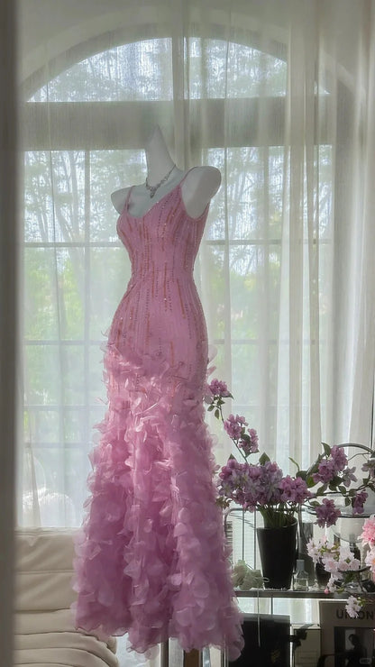 Blush Pink Spaghetti Strap Prom Dress With Beaded Bodice And Layered Petal Ruffle Mermaid Formal Prom Dress