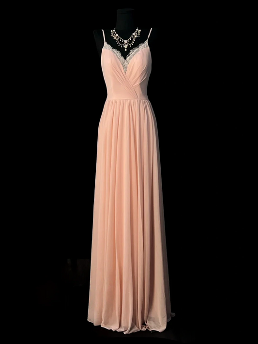Blush Pink Spaghetti Strap Prom Dress With Lace Trim V Neck And Low Back Chiffon Formal Prom Dress