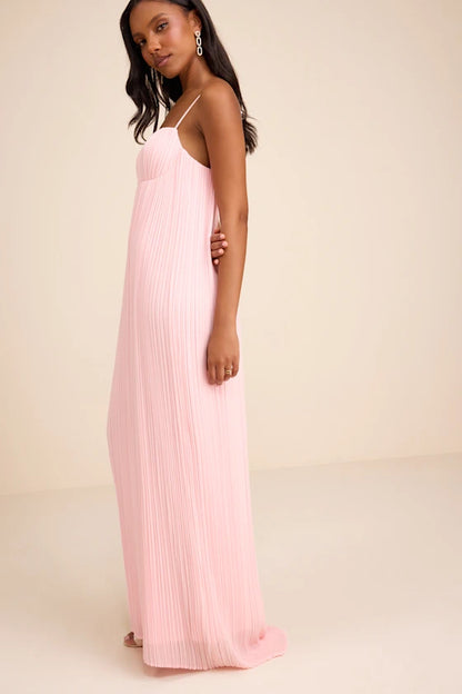 Blush Pink Spaghetti Strap Prom Dress With Pleated Square Neck Low Back And Chiffon Maxi Formal Prom Dress
