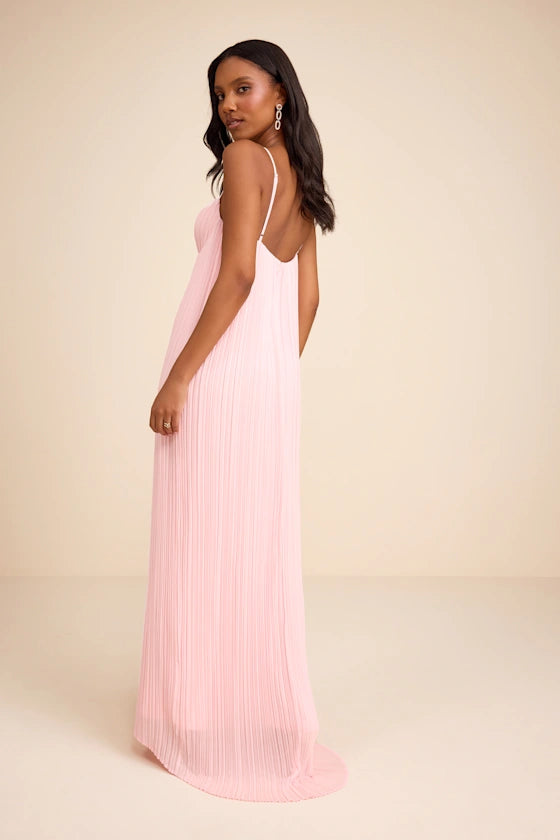 Blush Pink Spaghetti Strap Prom Dress With Pleated Square Neck Low Back And Chiffon Maxi Formal Prom Dress
