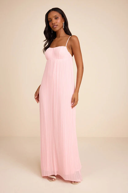 Blush Pink Spaghetti Strap Prom Dress With Pleated Square Neck Low Back And Chiffon Maxi Formal Prom Dress