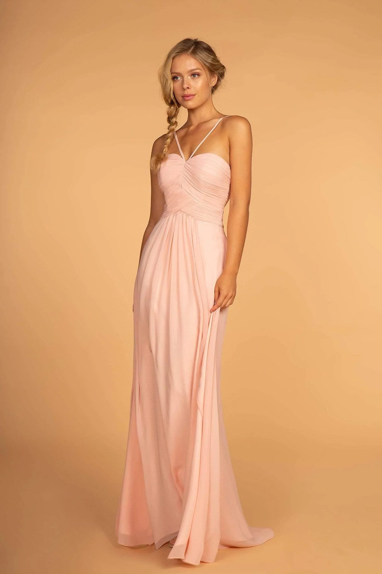 Blush Pink Spaghetti Strap Prom Dress With Ruched Bodice Cutout Back And Chiffon A Line Formal Prom Dress