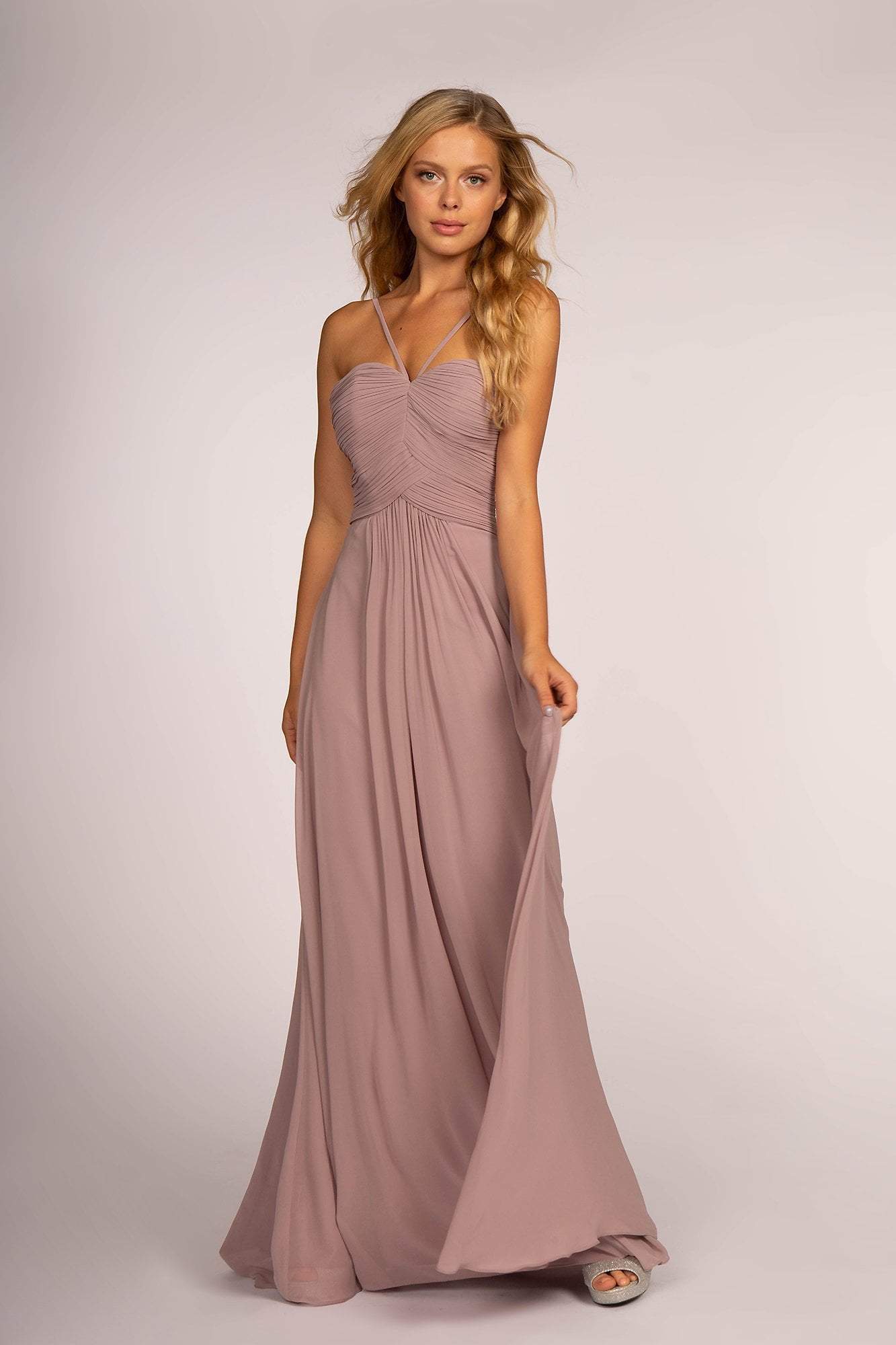 Blush Pink Spaghetti Strap Prom Dress With Ruched Bodice Cutout Back And Chiffon A Line Formal Prom Dress