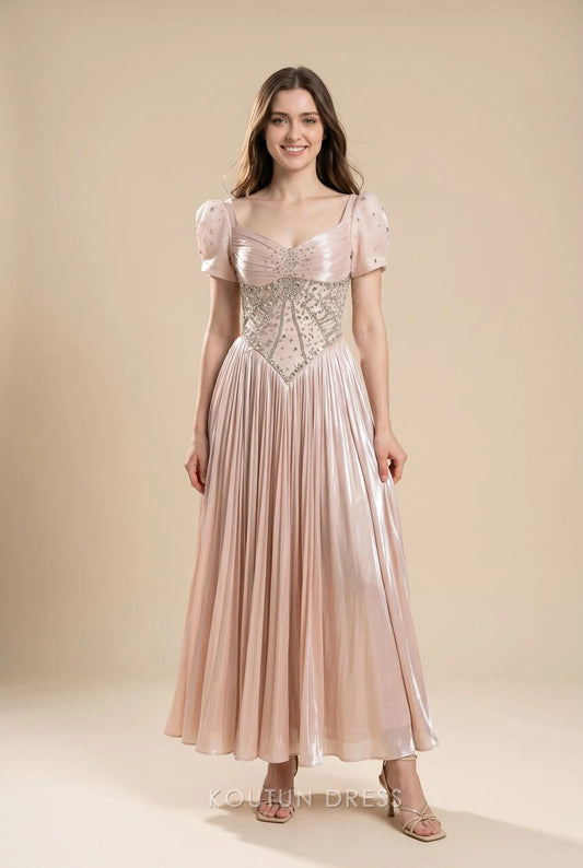 Blush Pink Square Neck Puff Short Sleeve Rhinestone Embellished Open Back Ruched Waist Pleated A Line Long Prom Dress