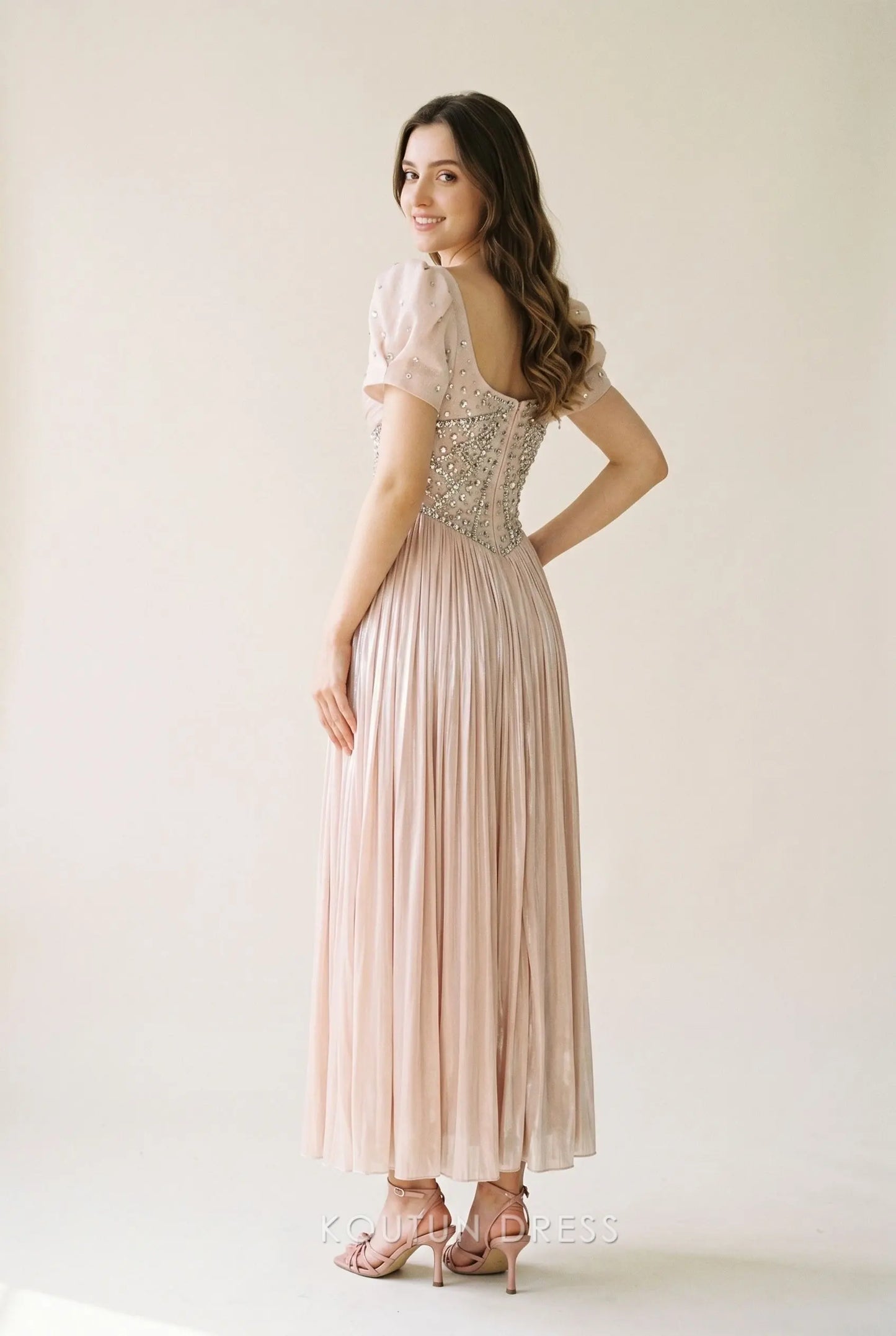 Blush Pink Square Neck Puff Short Sleeve Rhinestone Embellished Open Back Ruched Waist Pleated A Line Long Prom Dress