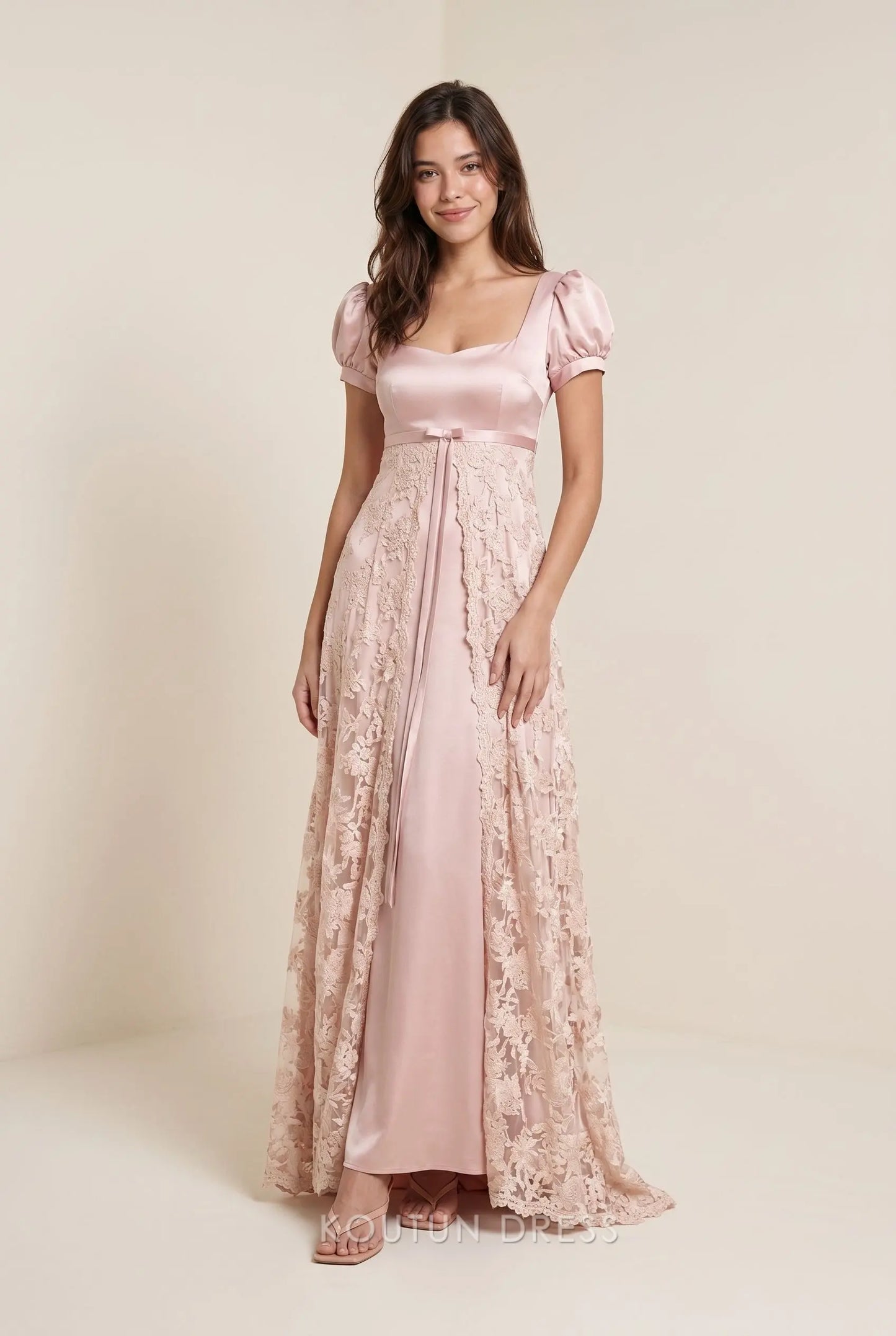 Blush Pink Square Neck Puff Sleeve Satin and Lace A Line Floor Length Prom Dress