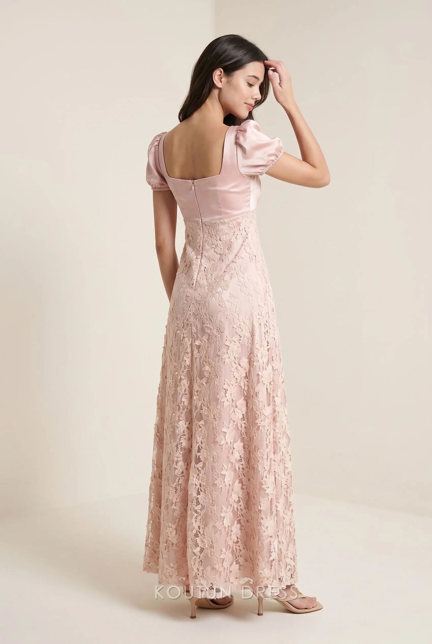 Blush Pink Square Neck Puff Sleeve Satin and Lace A Line Floor Length Prom Dress