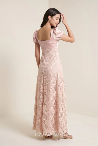 Blush Pink Square Neck Puff Sleeve Satin and Lace A Line Floor Length Prom Dress