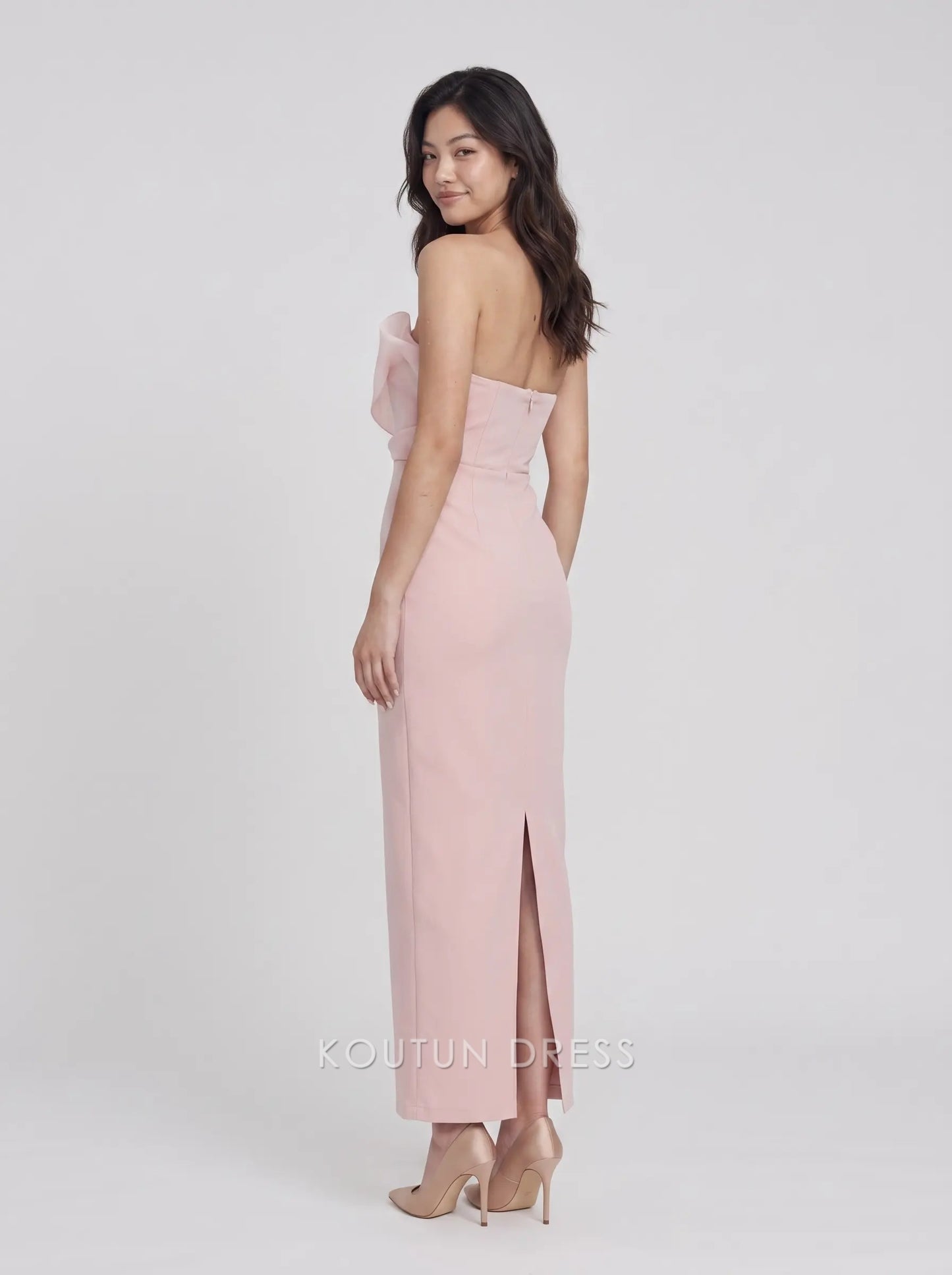 Blush Pink Strapless Asymmetric Ruffle Neck Crepe Midi Formal Evening Prom Dress With Back Slit