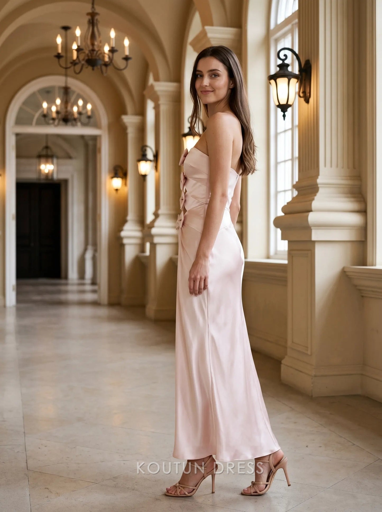 Blush Pink Strapless Bow Accent Cutout Ruched Satin Midi Formal Evening Prom Dress