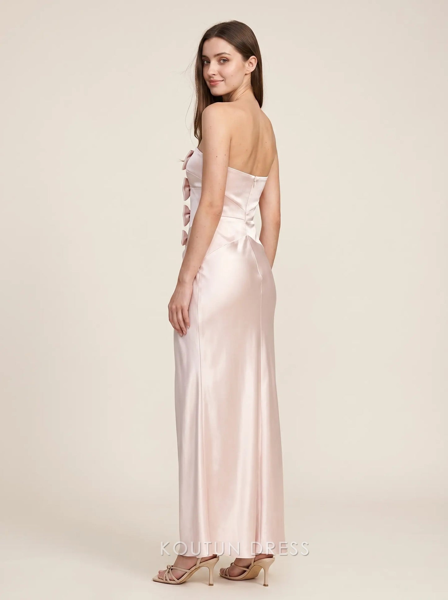 Blush Pink Strapless Bow Accent Cutout Ruched Satin Midi Formal Evening Prom Dress