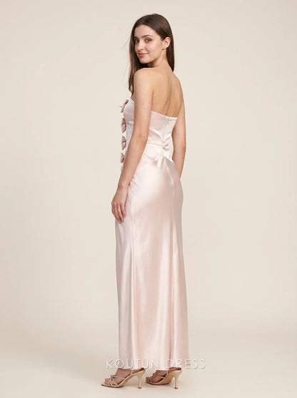 Blush Pink Strapless Bow Accent Cutout Ruched Satin Midi Formal Evening Prom Dress