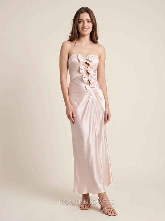 Blush Pink Strapless Bow Accent Cutout Ruched Satin Midi Formal Evening Prom Dress