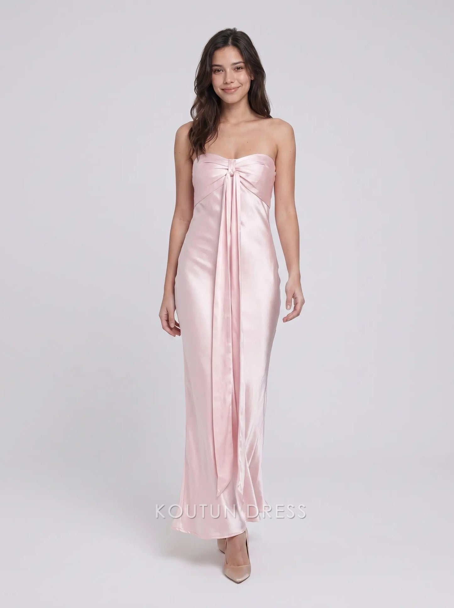 Blush Pink Strapless Bow Front Satin Formal Evening Prom Dress