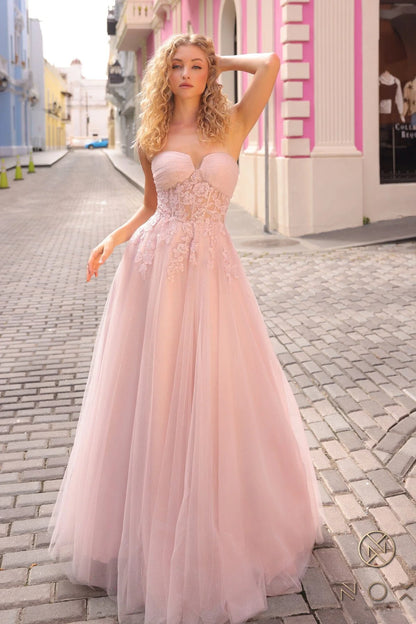 Blush Pink Strapless Floral Applique Sheer Corset Glitter Tulle Maxi Evening Dress