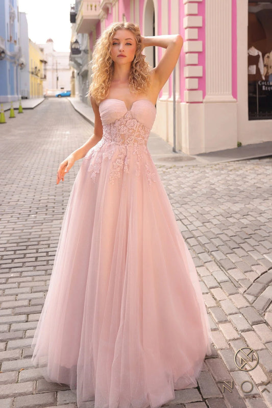 Blush Pink Strapless Floral Applique Sheer Corset Glitter Tulle Maxi Evening Dress