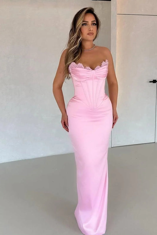 Blush Pink Strapless Pearl Trim Corset Satin Mermaid Long Formal Evening Prom Dress