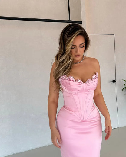 Blush Pink Strapless Pearl Trim Corset Satin Mermaid Long Formal Evening Prom Dress