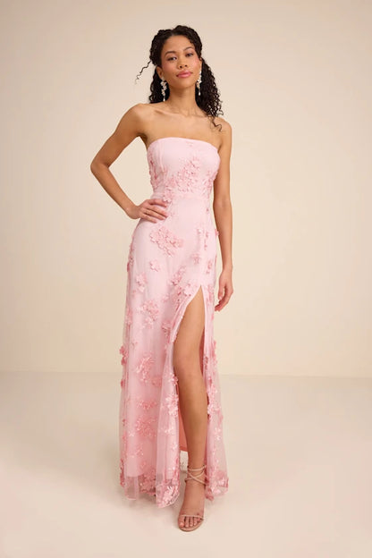 Blush Pink Strapless Prom Dress With 3D Floral Applique High Slit And Tulle Mermaid Formal Prom Dress