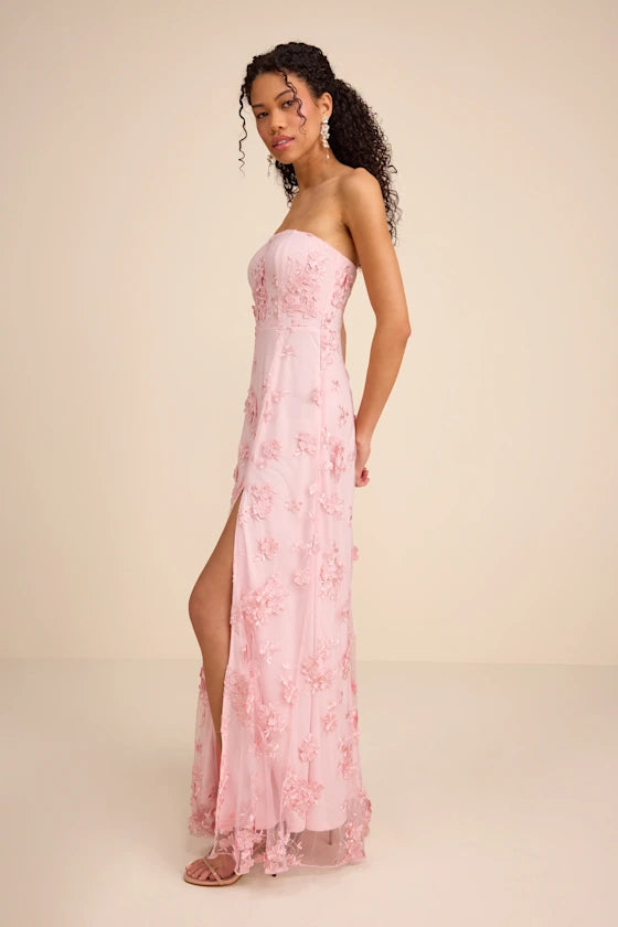 Blush Pink Strapless Prom Dress With 3D Floral Applique High Slit And Tulle Mermaid Formal Prom Dress