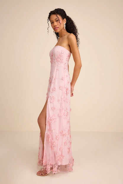 Blush Pink Strapless Prom Dress With 3D Floral Applique High Slit And Tulle Mermaid Formal Prom Dress