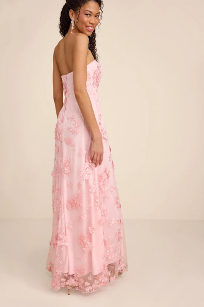 Blush Pink Strapless Prom Dress With 3D Floral Applique High Slit And Tulle Mermaid Formal Prom Dress