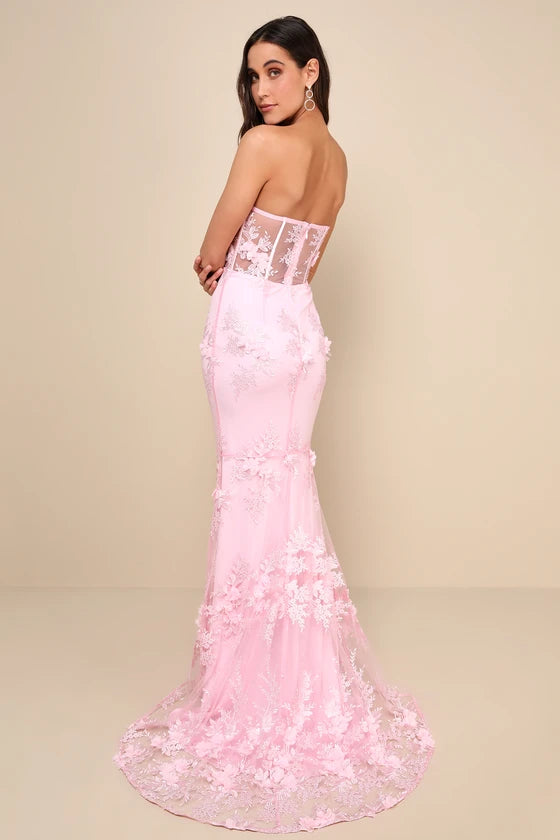 Blush Pink Strapless Prom Dress With 3D Floral Lace Corset Bodice And Mermaid Formal Prom Dress
