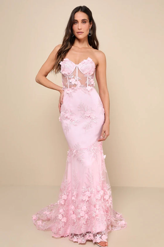Blush Pink Strapless Prom Dress With 3D Floral Lace Corset Bodice And Mermaid Formal Prom Dress