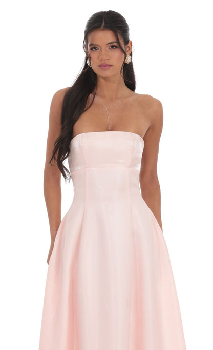 Blush Pink Strapless Prom Dress With Corset Lace-Up Back And A-Line Skirt Formal Prom Dress