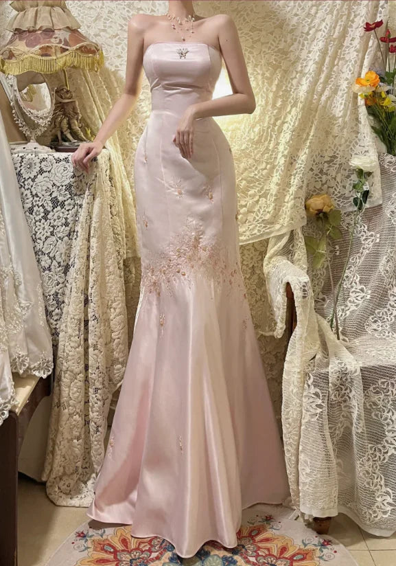 Blush Pink Strapless Prom Dress With Floral Embroidery High Slit And Satin Mermaid Formal Prom Dress