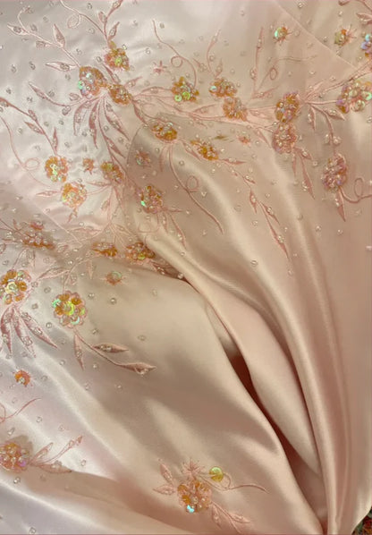 Blush Pink Strapless Prom Dress With Floral Embroidery High Slit And Satin Mermaid Formal Prom Dress