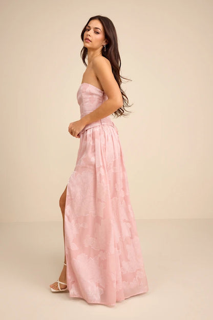 Blush Pink Strapless Prom Dress With Floral Jacquard Corset Bodice Lace Up Back And High Slit A Line Formal Prom Dress