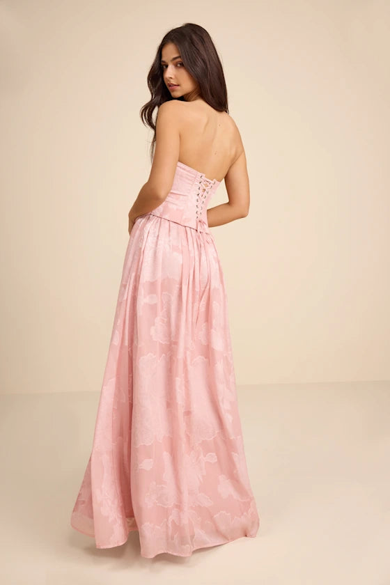 Blush Pink Strapless Prom Dress With Floral Jacquard Corset Bodice Lace Up Back And High Slit A Line Formal Prom Dress