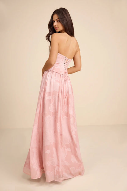 Blush Pink Strapless Prom Dress With Floral Jacquard Corset Bodice Lace Up Back And High Slit A Line Formal Prom Dress