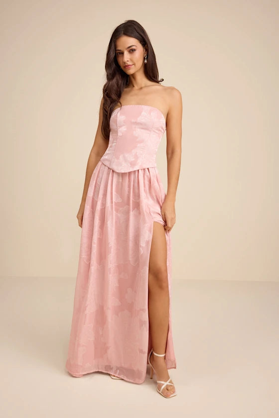Blush Pink Strapless Prom Dress With Floral Jacquard Corset Bodice Lace Up Back And High Slit A Line Formal Prom Dress